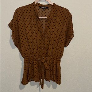 Sweet Rain Brown Blouse with Kimono Sleeves and Tie Front